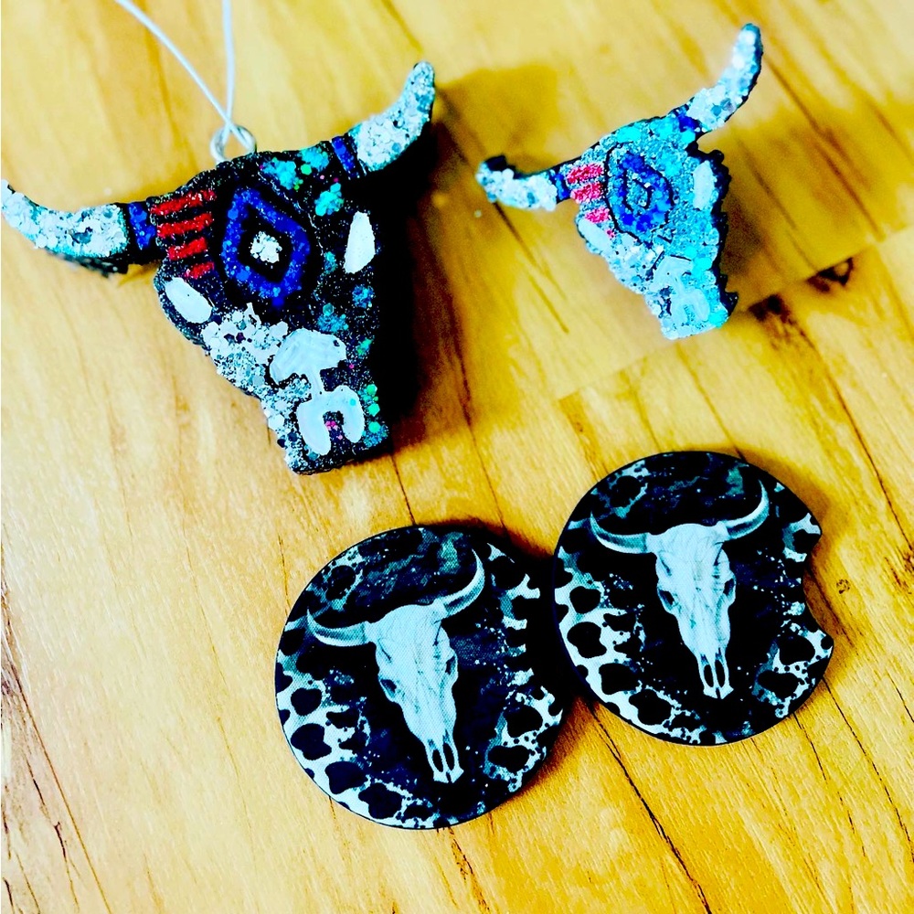 Bull head Car Freshie Set With Car Coasters | Western | Cowboy | Cowgirl